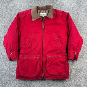 Vintage Eddie Bauer Barn Jacket Women's M Red Goose Down Fill Leather Trim Plaid